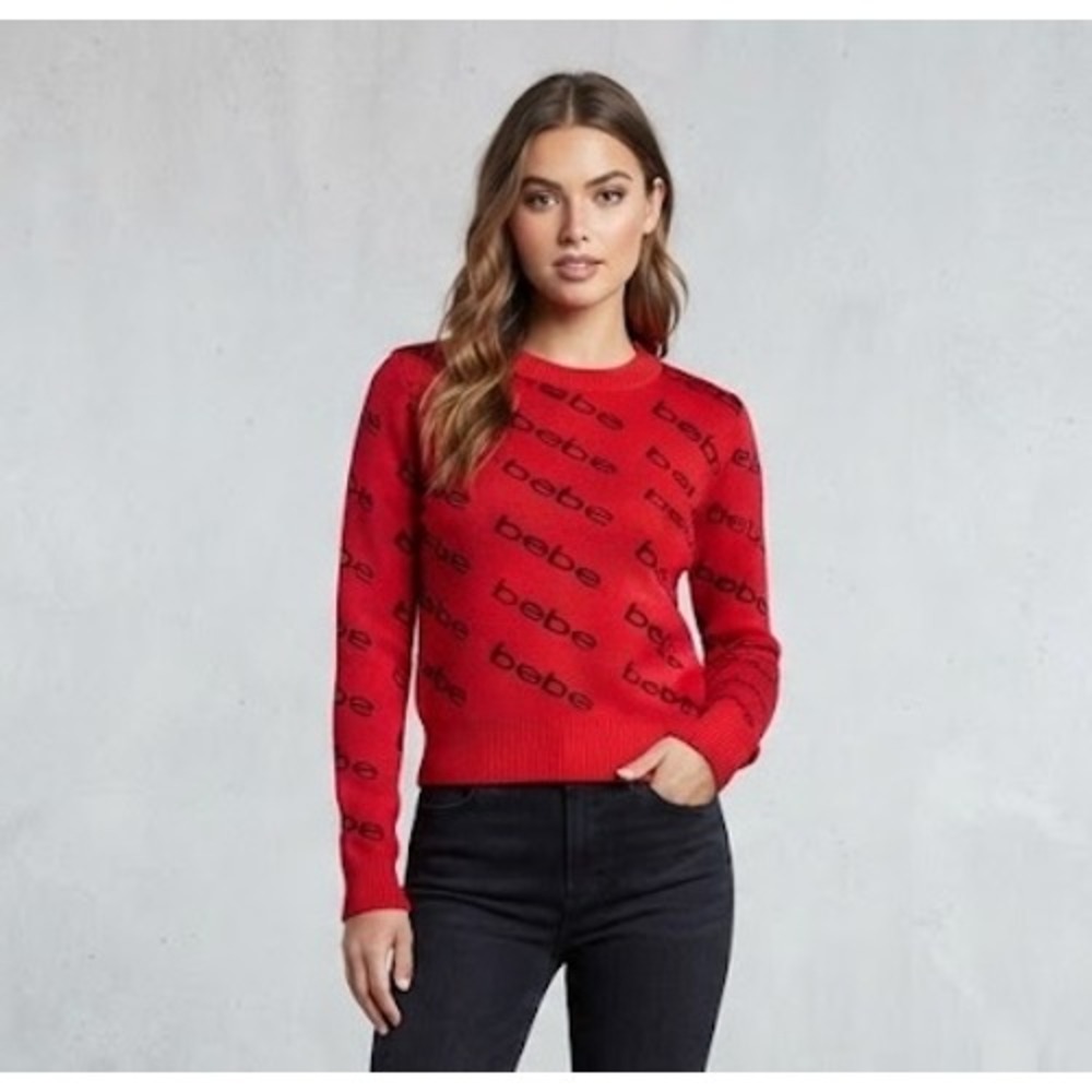 Bebe Red Logo Print Knit Crew Neck Sweater Long Sleeve Womens Medium